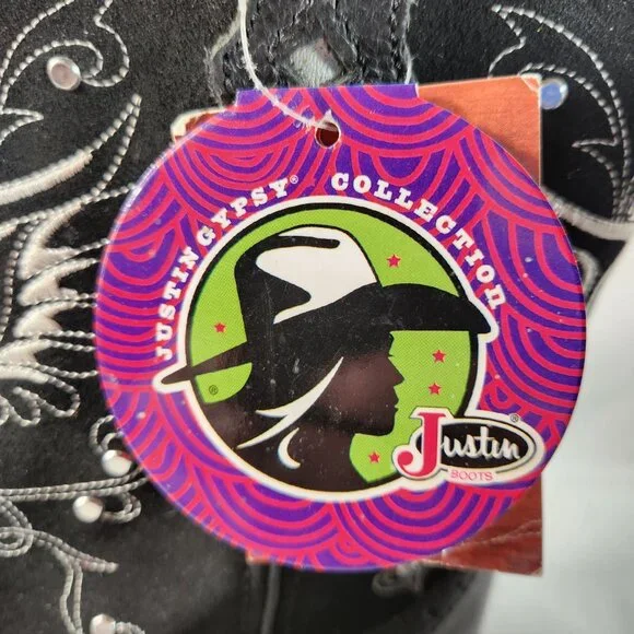 Justin Womens 10 B Black Boots Leather Western Square Gypsy Wings Cross Cowgirl - Picture 15 of 16